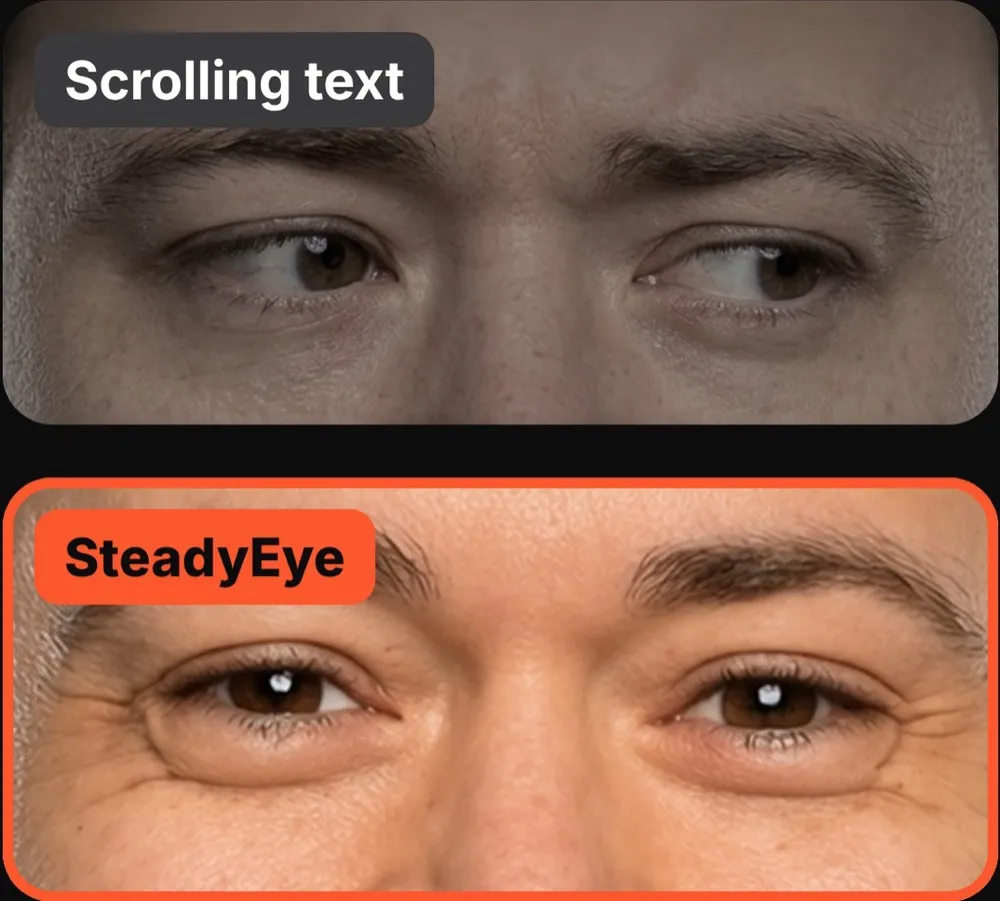 Eyes reading a scrolling teleprompter drift sideways; with SteadyEye they look straight into the camera
