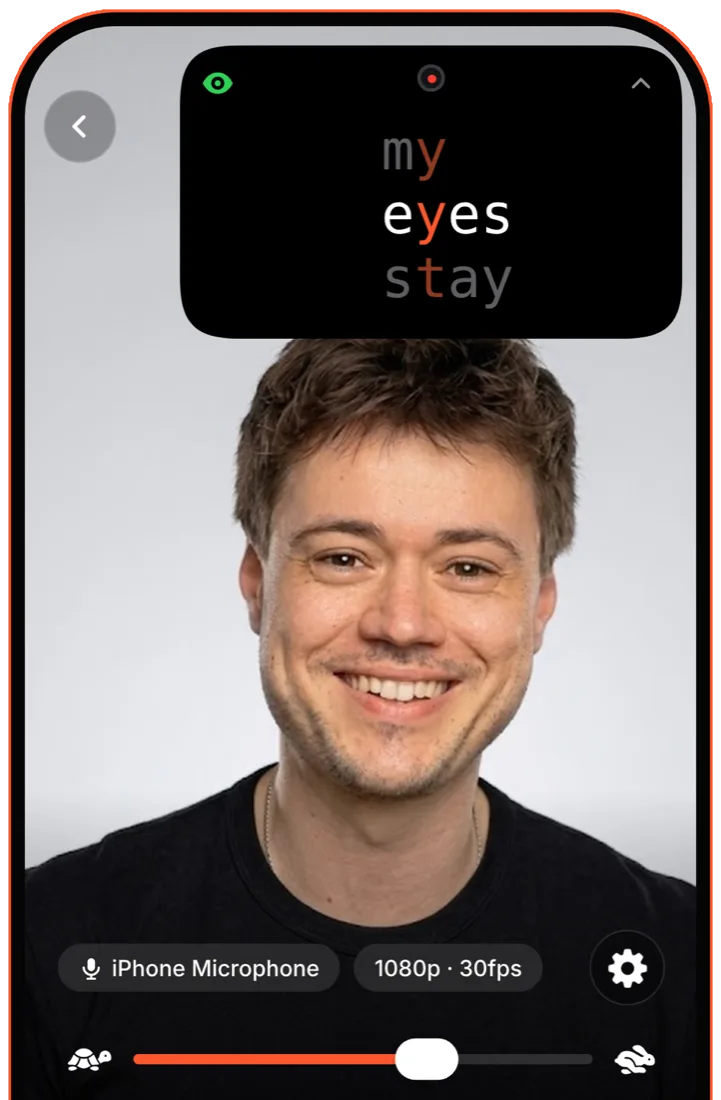 SteadyEye teleprompter on iPhone in three-line mode, the script right under the front camera